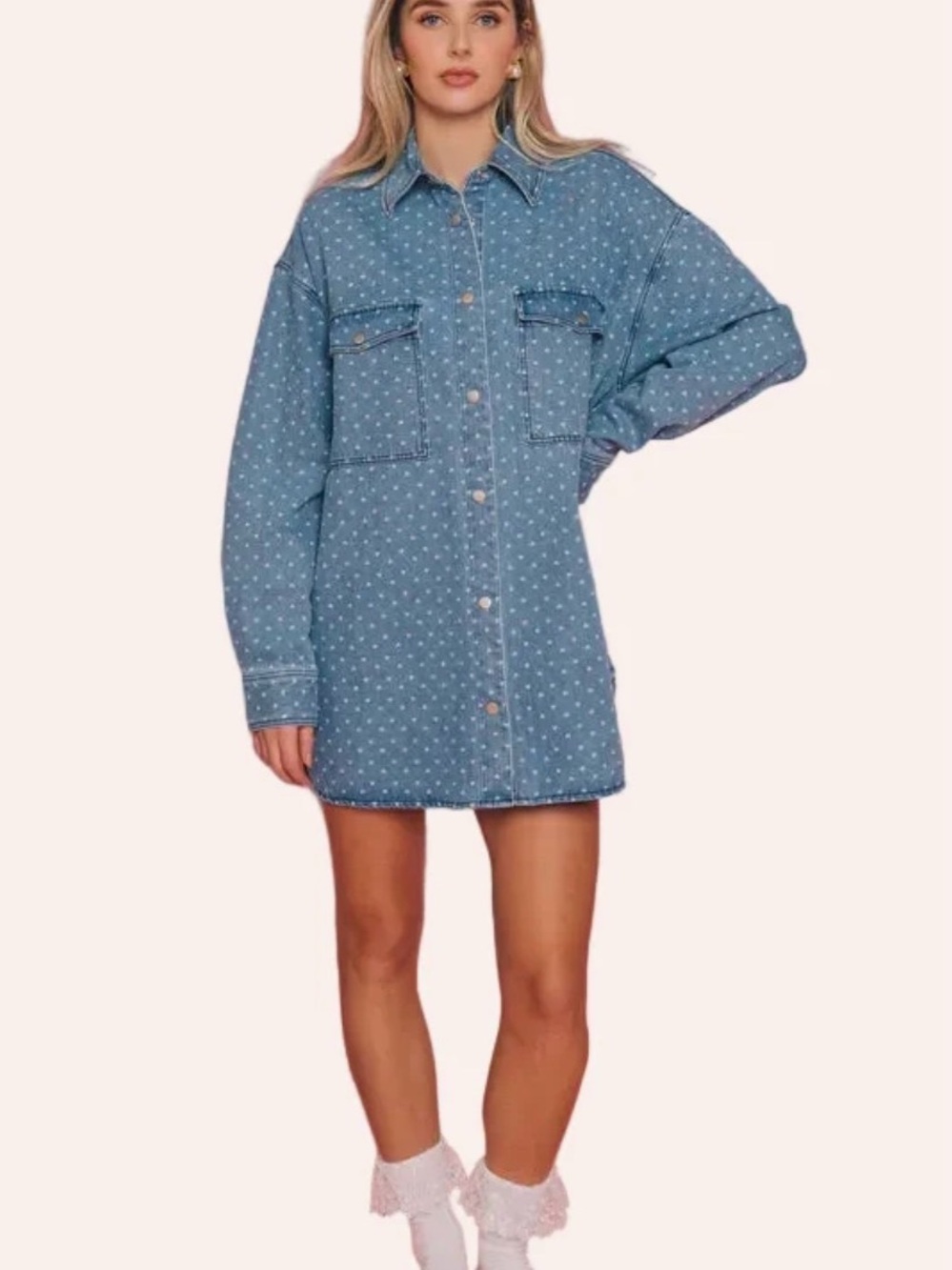 Brunette the label - Shania Denim Heart dot Button-Front Shacket - Light Blue